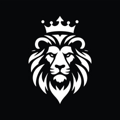 Create a bold, minimalist black and white vector logo of a lion's head with a majestic crown. The lion should have a symmetrical, fierce expression and a flowing, stylized mane. The design must convey