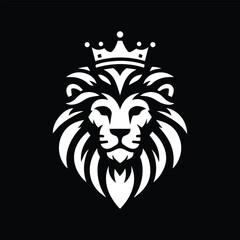 Create a bold, minimalist black and white vector logo of a lion's head with a majestic crown. The lion should have a symmetrical, fierce expression and a flowing, stylized mane. The design must convey