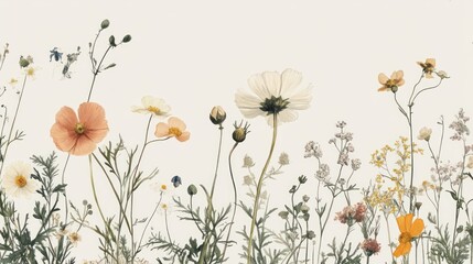 A delicate arrangement of pressed wildflowers in soft pastel hues.