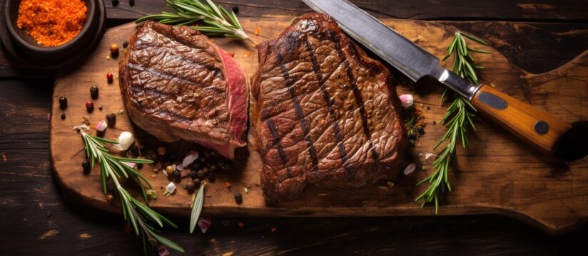 Medium Beef Rib Eye steak slices, spices and salt on wooden board with fork and knife. Generate AI