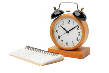 Clock and notepad still life image on a transparent background