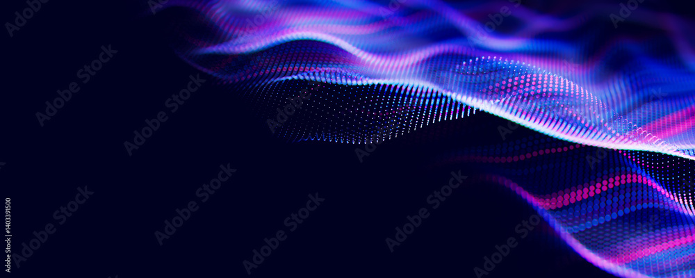 Poster abstract wave of particles. big data digital flow concept. llm learning process, ai technology. quan