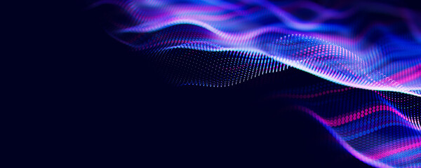 Abstract wave of particles. Big data digital flow concept. LLM learning process, AI technology. Quantum computing. with place for text