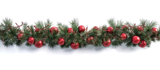 A pine garland with red spherical ornaments and berries against a clean white background, symmetrical holiday still-life with soft diffused light.
