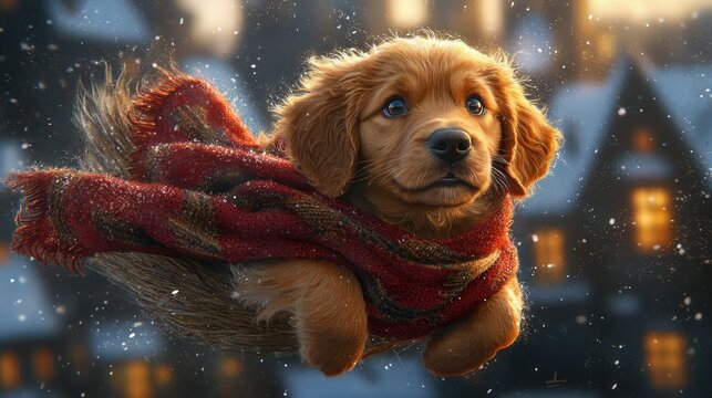 Golden Retriever Puppy in Winter Wonderland: A Festive Flight