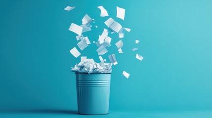 Blue Trash Can with Flying Papers