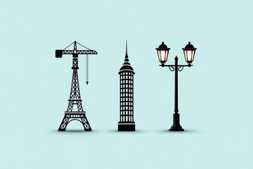 Minimal icon set of crane, skyscraper, and streetlight