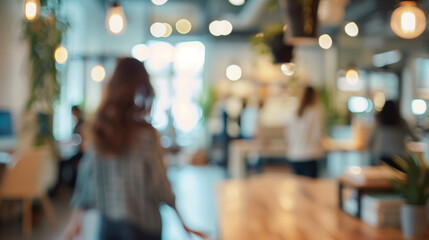 Business office with blurred people casual wear, with blurred bokeh background,Everyday Business Life, Dynamic Work Environment, Professionals in Motion, Subtle Energy.