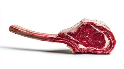 Obraz premium A thick, raw tomahawk steak, a high-quality cut of beef, isolated on white.