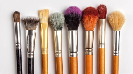 Fototapeta premium An assortment of makeup brushes with varied colors and shapes, arranged on white surface.