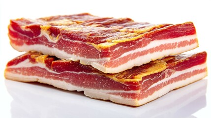 Obraz premium Two thick, raw bacon slabs are stacked, showcasing their meaty and fatty layers in detail against white.
