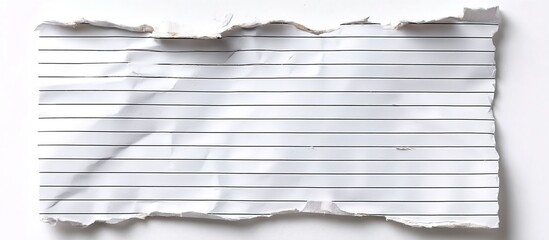 A torn white lined paper sheet with rough edges on plain white background, minimalist conceptual art emphasizing texture and negative space.