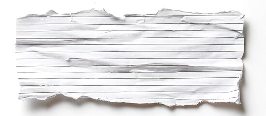 A torn white lined paper sheet with rough edges on plain white background, minimalist conceptual art emphasizing texture and negative space.