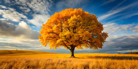 A lone maple tree with golden autumn leaves in a field