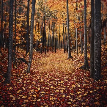 Ratio: 4:3A stunning autumn landscape where the forest floor is covered in a blanket of crimson, gold, and orange leaves, creating a picturesque