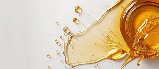 Macro view detailed liquid golden honey syrup on white background. Generated AI image