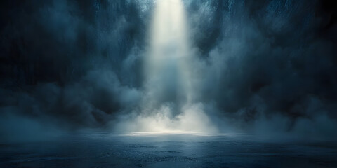 Obraz premium Mysterious, ethereal stage where a bright light pierces dense, dark fog, casting an otherworldly glow that captivates with its enigmatic allure