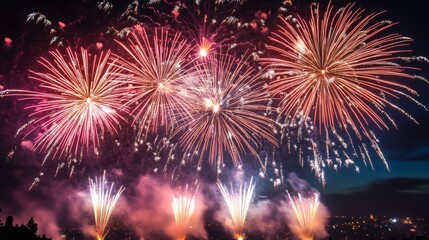 Fototapeta premium Night sky fireworks display over city. Celebration event backdrop