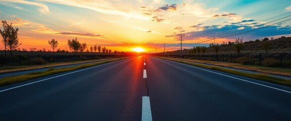 Obraz premium Empty asphalt road at sunrise, long shadows, vibrant sky, stillness, path