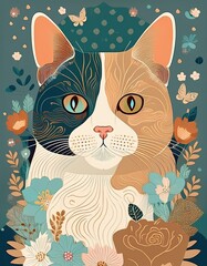 Calico Cat with flowers 