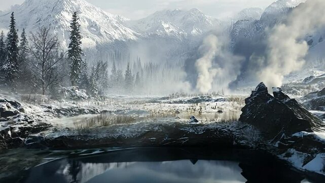 A Stunning Winter Landscape Featuring Snow-Capped Mountains and Geothermal Hot Springs