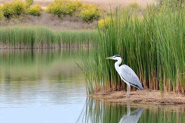 Fototapeta premium Wetland ecosystem with herons, reeds, frogs, and still water