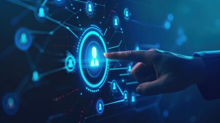 A hand pointing to a person in a blue circle. Concept of a person being selected or chosen