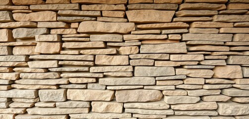 Fototapeta premium Horizontal rustic stacked stone wall background, natural texture, aged, rock wall, construction
