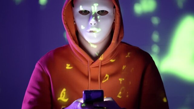 Tajemnicza postać w masce i czerwonej bluzie z kapturem, wpatrzona w telefon &ndash; cyfrowa anonimowość, haker, cyberzagrożenia, kod
