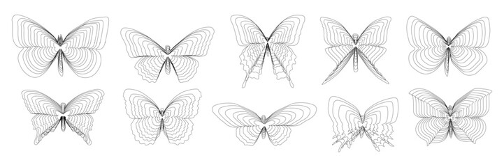 Abstract silhouettes of butterflies with black lines on a white background