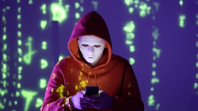 Mężczyzna w białej masce i czerwonej bluzie z kapturem wśr&oacute;d projekcji cyfrowego kodu &ndash; haker, cyberprzestępstwo, dane, anonimowość, Matrix