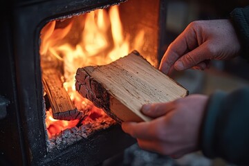 A person adding a piece of wood to a burning fire inside of a black metal wood burning stove indoors