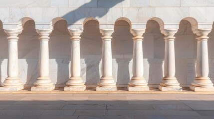 A row of white columns with arches in the middle.
