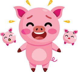 A set of pink pig emojis: embarrassed (sweat), greedy (drool), happy, bashful, dancing