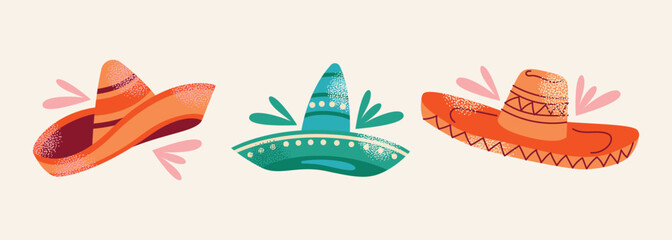 Naklejka premium Collection of colorful Mexican sombreros hat. Traditional Mexican headwear. Flat cartoon illustration isolated on light background. Cinco de Mayo celebration concept