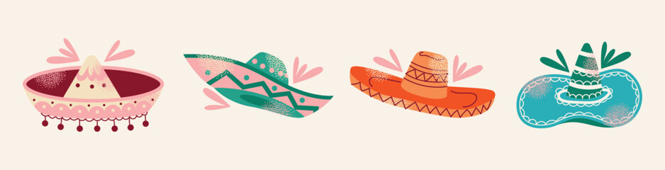 Collection of colorful Mexican sombreros hat. Traditional Mexican headwear. Flat cartoon illustration isolated on light background. Cinco de Mayo celebration concept