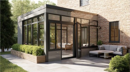 Modern glass sunroom attached to a red-brick building, featuring black-framed glass walls, flat roof, outdoor paved area with light-colored sofa and patterned cushions