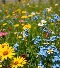 Vibrant blue forget-me-nots bloom in a sun-drenched meadow of wildflowers, floral design, spring