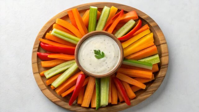 A colorful arrangement of sliced vegetables including bell peppers and cucumbers, served with a creamy dip in the center.