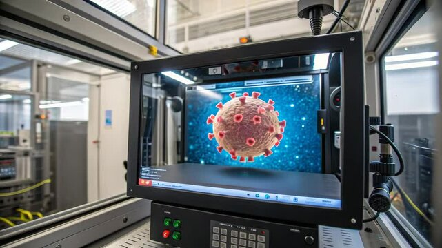 A 3D computer-generated image of a coronavirus model displayed on a monitor in a laboratory environment.
