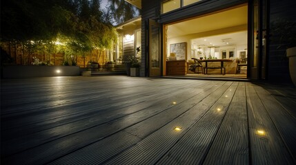 Nighttime wooden deck with glass doors leading to a warmly lit interior showing a sofa and framed art, edged by plants and a fence illuminated by ground lights under starry skies.