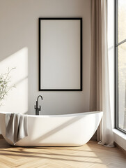 Poster frame mockup in white cozy bathroom interior background,