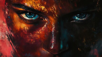 Naklejka premium Artistic portrait painting of a woman with intense blue eyes and colorful abstract brushstrokes texture