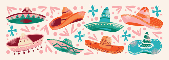 Collection of colorful Mexican sombreros hat. Traditional Mexican headwear. Flat cartoon illustration isolated on light background. Cinco de Mayo celebration concept