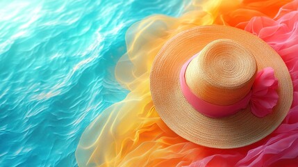 Summer Beach Hat on Colorful Fabric, Tropical Vibes, Vacation Mood, Sun Hat,  Pastel Shades, Ocean Waves