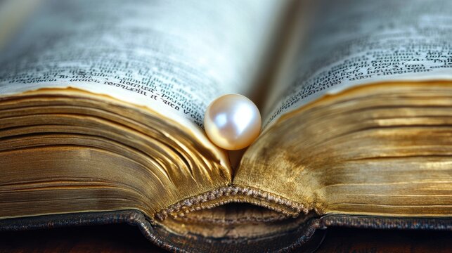 Closeup of Open Holy Scripture Featuring the Pearl of Great Value, Illustrating the Parables of the Hidden Treasure in the Kingdom of Heaven