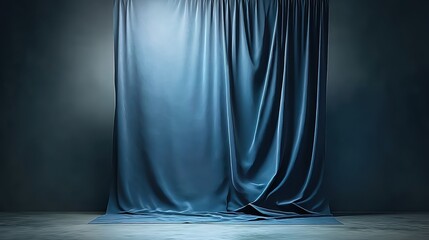 A blue curtain draped from the ceiling to the ground against a dark background, soft light from upper left highlighting fabric folds and creating gradient shadows, minimalist stage-like composition.