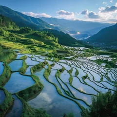 Fototapete Ratio: 4:3An expansive view of rice terraces cascading down a green mountain, reflecting the sky in their flooded © Hafeez