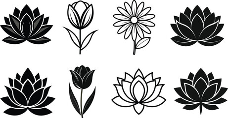 Vector set of black flower silhouettes, a floral design element for tattoo or decoration, tulip, lotus and sunflower