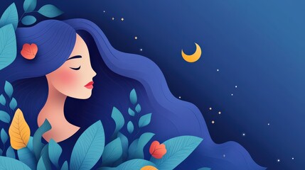 Serene woman with flowing blue hair surrounded by leaves under a starry night sky